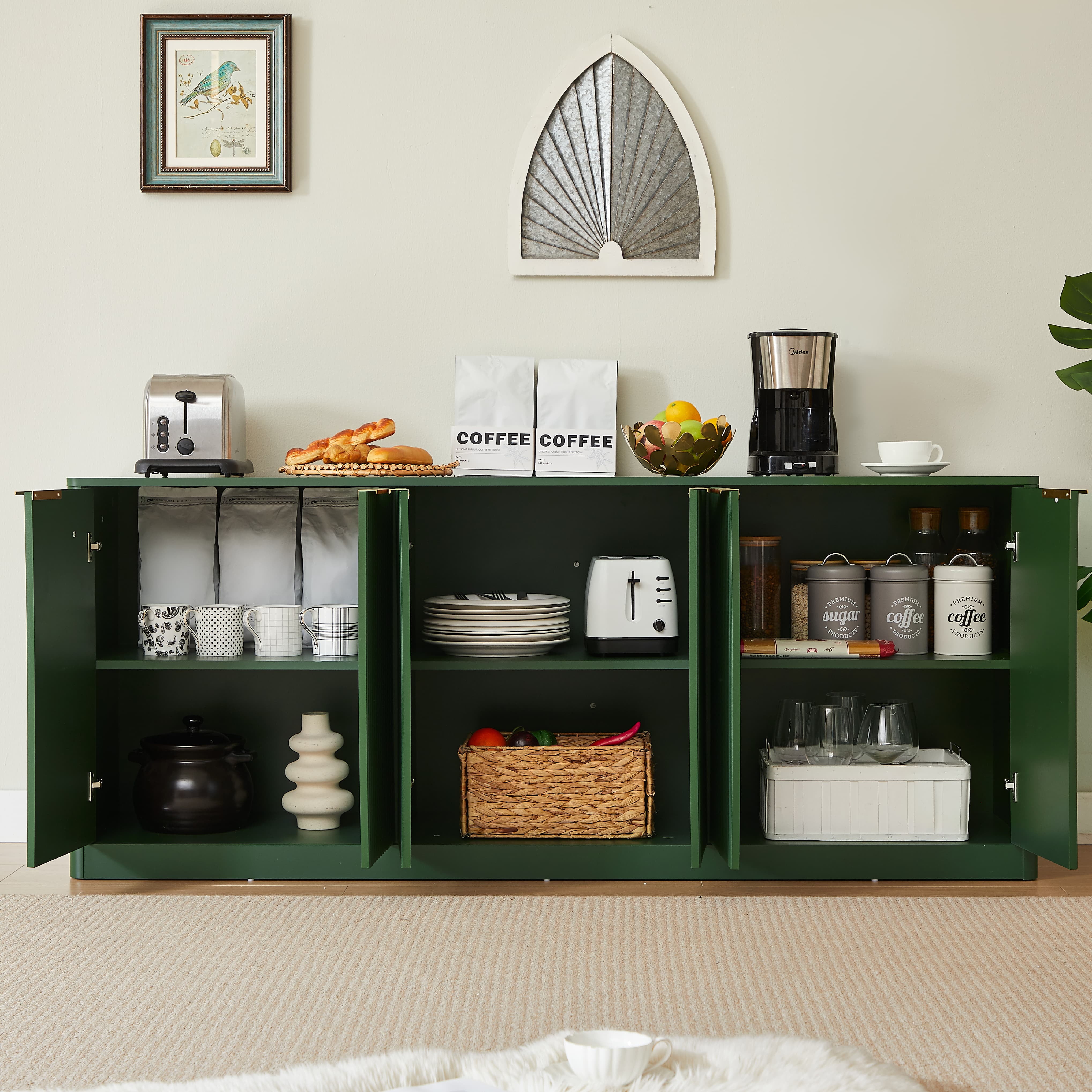 Aukfa 67" Modern Sideboard Cabinet, Wood Storage Credenza & TV Cabinet with 6 Fluted Doors for Living Room/Dining Room,Green