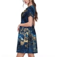 thumbnail image 2 of Salouo Golden Blue Mountains for Women's Short Sleeve Summer Dress, Pleated Loose Swing Knee Length Dresses with Pockets, 2 of 6