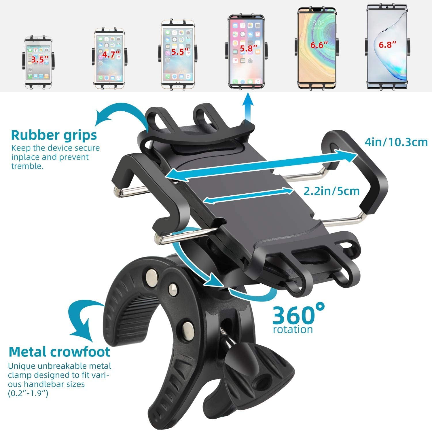 7 8/8 Plus 4.0-6.0 Phones Bike Phone Mount,Universal Anti Shake Bicycle Cellphone Holder,Non-Slip Cradle for Motorcycle Handlebars with 360° Rotation for iPhone X All Galaxy Upgraded 6/6s Plus