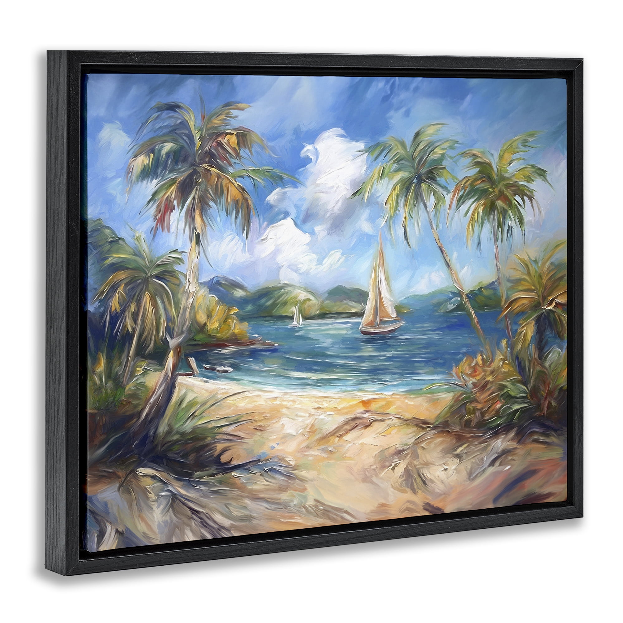 Stupell Industries Paradise Beach Harbor Coastal Painting Black Floater Framed Canvas Art Print Wall Art, 21 x 17