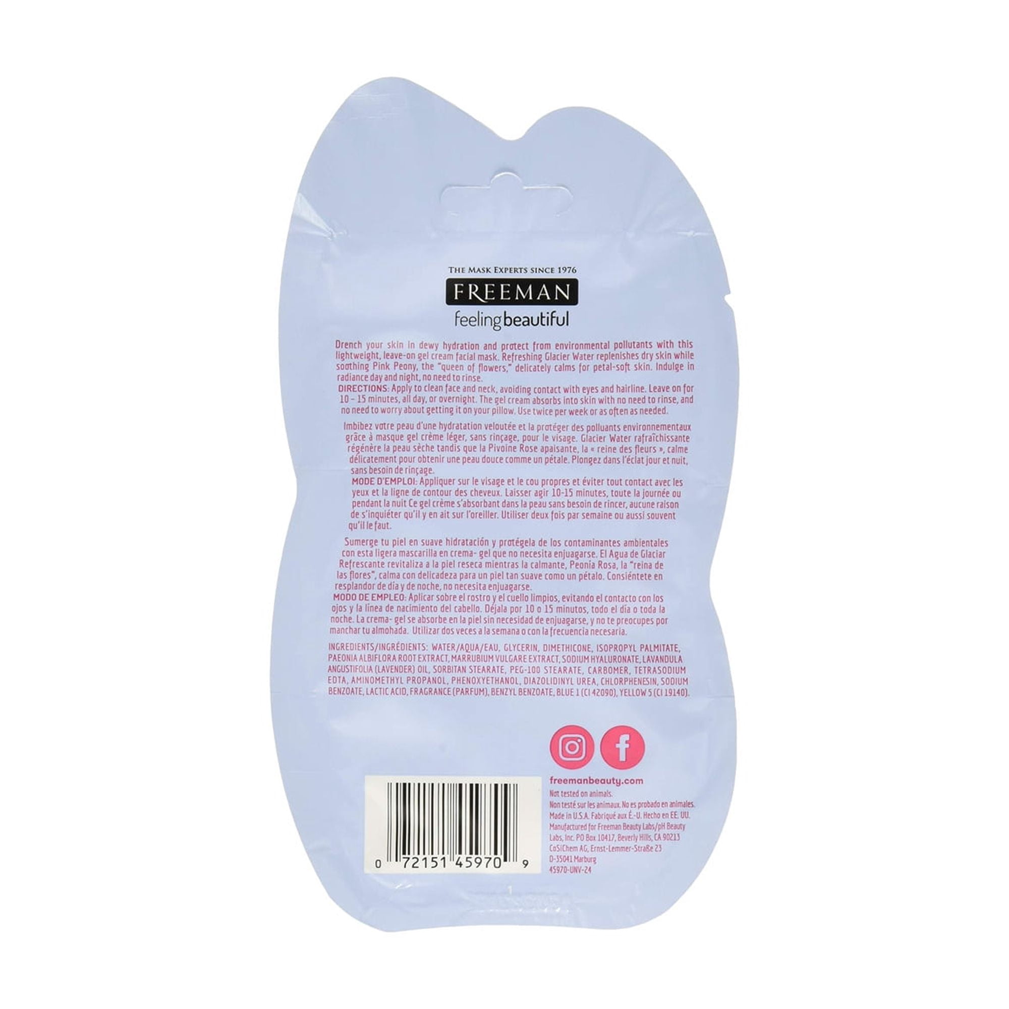 Freeman Hydrating Glacier Water and Pink Peony Gel Cream Facial Mask, 0.5 fl.oz (Pack of 18)