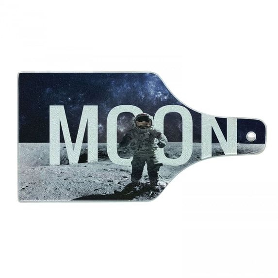 Outer Space Cutting Board, Miniature Toy Astronaut on the Foreground of Giant Moon Big Bang Mars Print, Decorative Tempered Glass Cutting and Serving Board, Wine Bottle Shape, Grey Blue, by Ambesonne