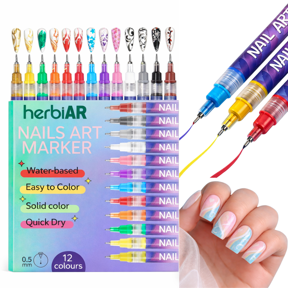 Herbiar 3D Nail Art Pen Set 12 Colors – 0.5mm Fine Tip, Waterproof DIY Manicure and Nail Designs