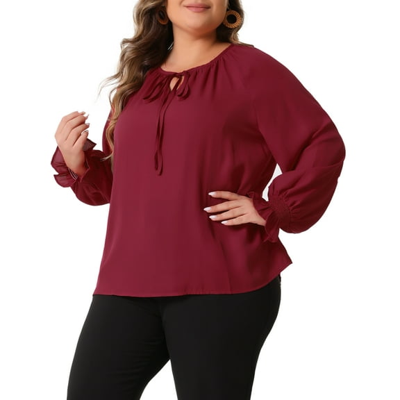 DARING DIVA Women's Plus Casual V Neck Drawstring Long Sleeve Blouse 1X Burgundy