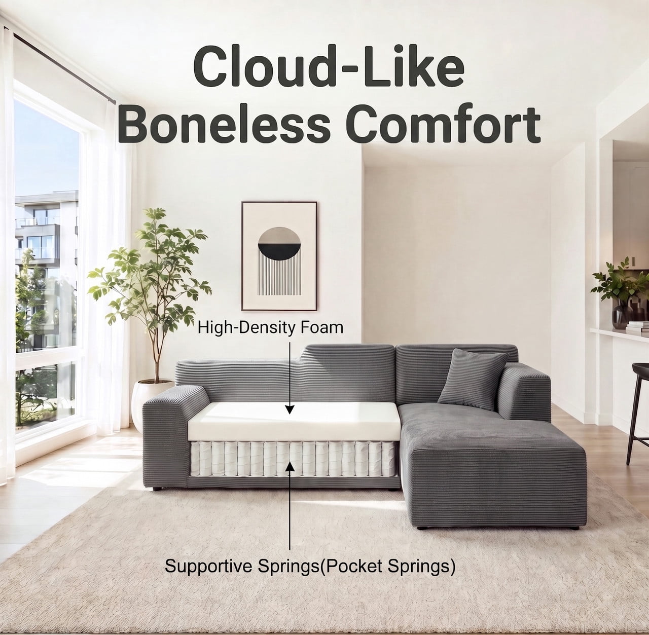 Gewnee 96" Modular Sleeper Sofa Bed, Boneless Sectional Couch with Deep Seat, Boneless Couches for Living Room, Gray（Corduroy）