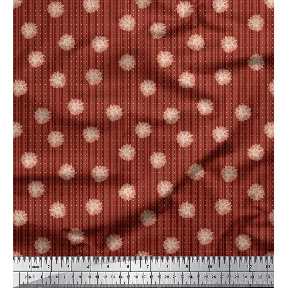Soimoi Red polyester Crepe Fabric Dots & Artistic Flower Stripe Printed Fabric 1 Yard 52 Inch Wide