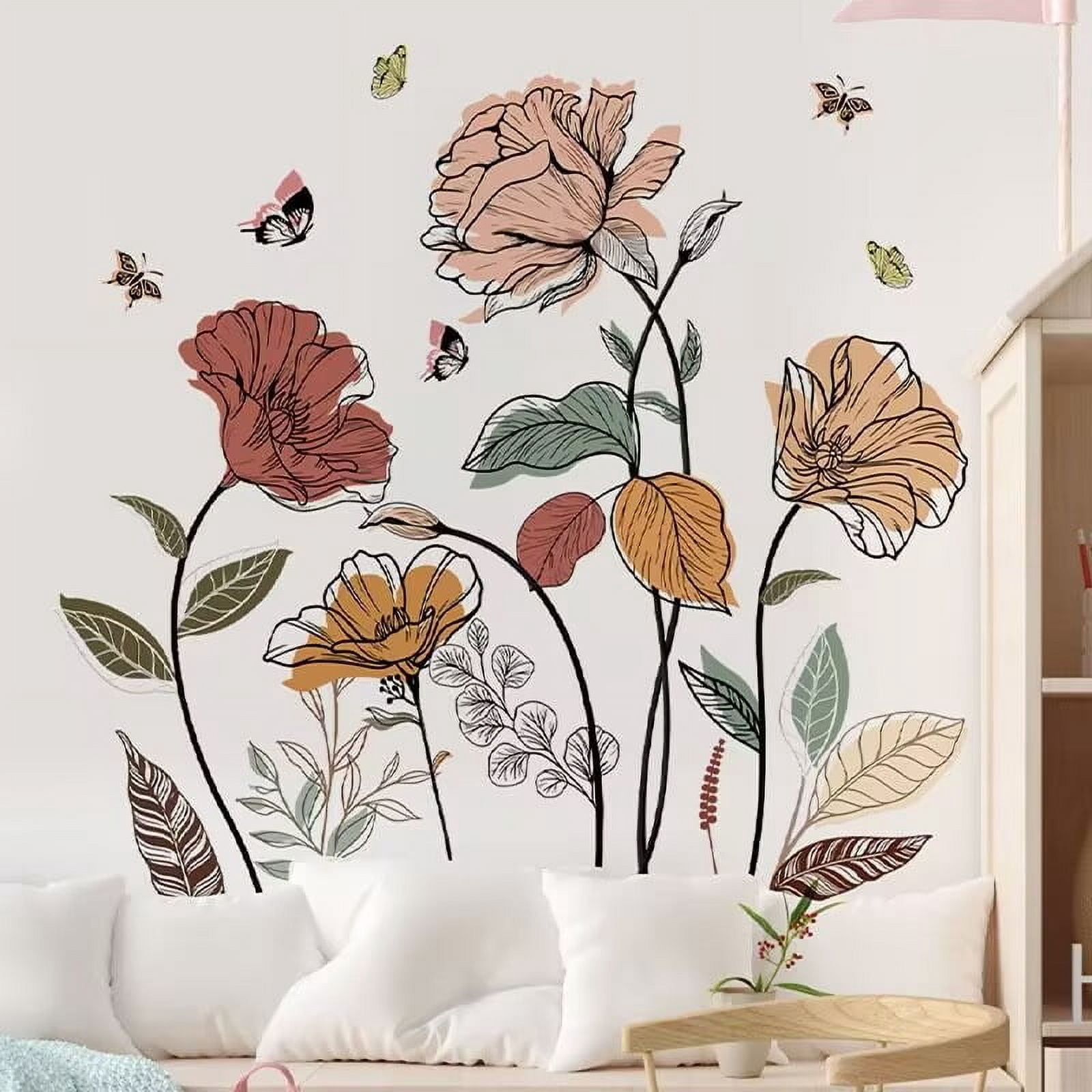 Boho Flower Wall Decals Wildflower Plants Grass Wall Stickers Large Floral Wall Art Decor for Living Room Bedroom Office TV Sofa Backdrop Home Decor Gifts for Mom
