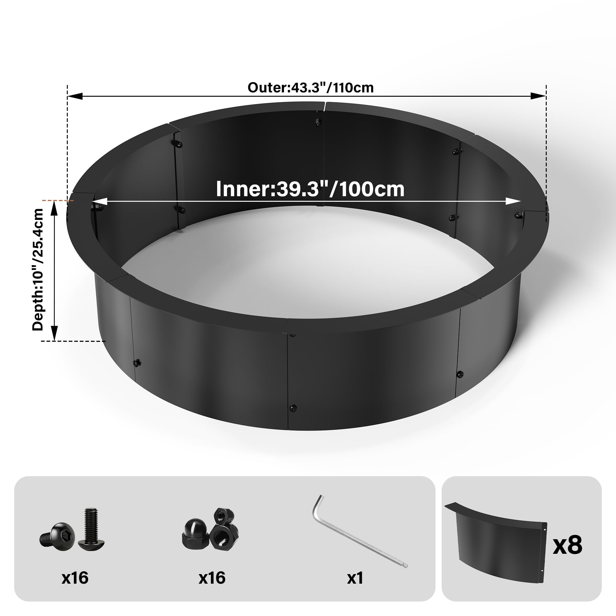 Fire Pit Ring for DIY Smokeless Wood Burning Fire Pit Liner with Collar Support, 3mm Thick Heavy Duty Solid Steel Firepit Rim In-Ground Bonfire Outdoor Camping Cooking Patio Backyard, 39" Black