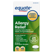 Equate 24 Hour Allergy Pills, Cetirizine Hydrochloride Tablets, 10 mg, 45 Count