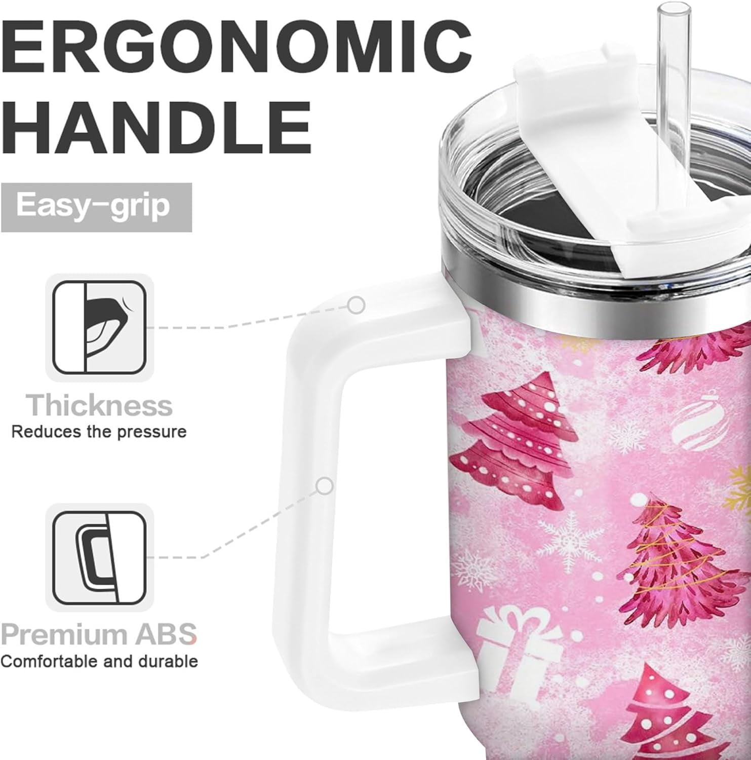40oz Pink Christmas Tree Tumbler - Stainless Steel Insulated Mug with Handle and Straw, Christmas Gift for Women & Girls