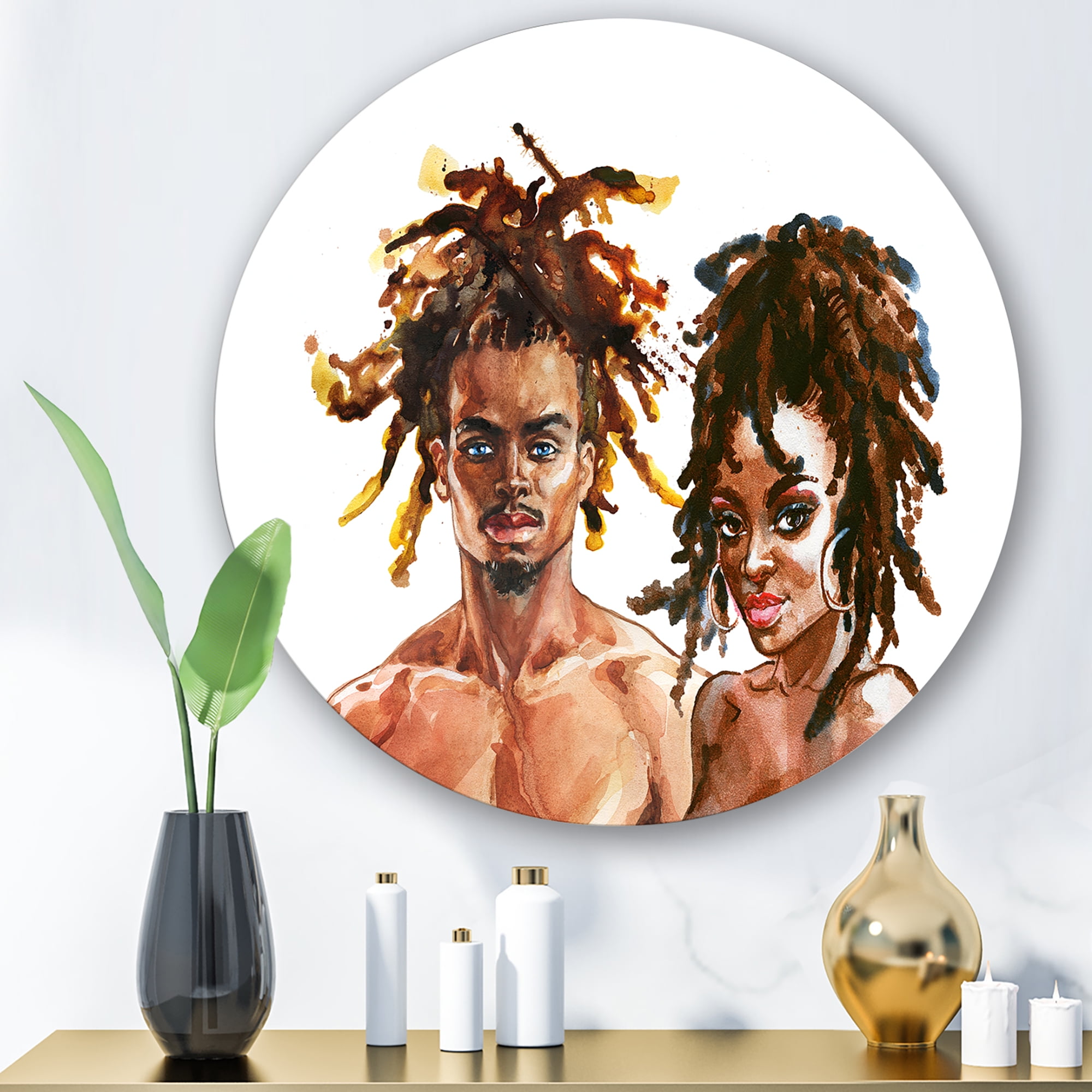 Designart 'Portrait of African American Couple' Modern Circle Metal Wall Art 11x11 - Disc of 11
