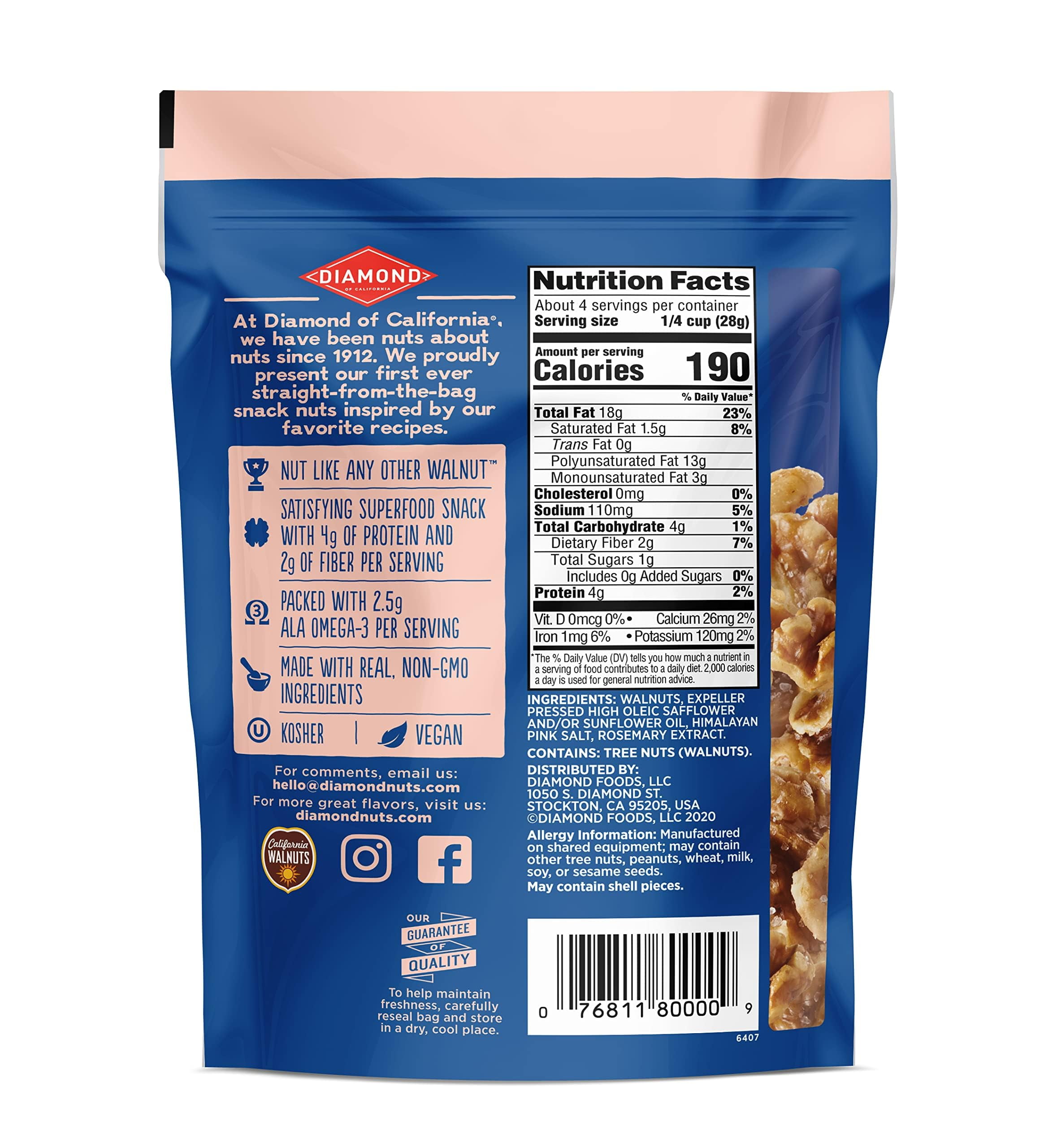 Diamond of California Himalayan Pink Salt Walnut MDH1Snack Nuts, 4 oz. (4 Pack)