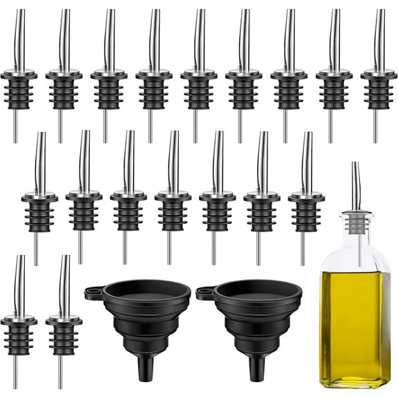 18 Pcs Olive Oil Spouts Stainless Steel Oil Pourer Spouts Olive Oil Dispenser Spout Metal Oil Bottle Stopper with 2 Pcs Silicone Funnels for Wine Liquor Vinegar Syrup