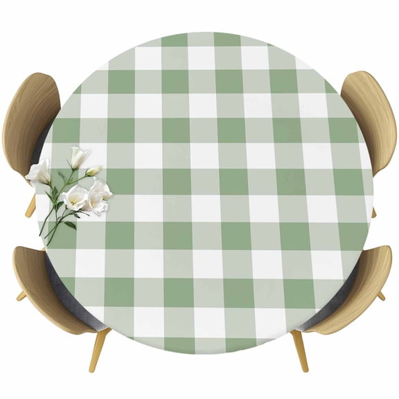 Sage Green Checkered Fitted Tablecloth with Elastic Edged, Round Table Cloth for Dining Table, Farmhouse Buffalo Plaid Waterproof Oil Proof Table Cover for Indoor Outdoor 55"-60"