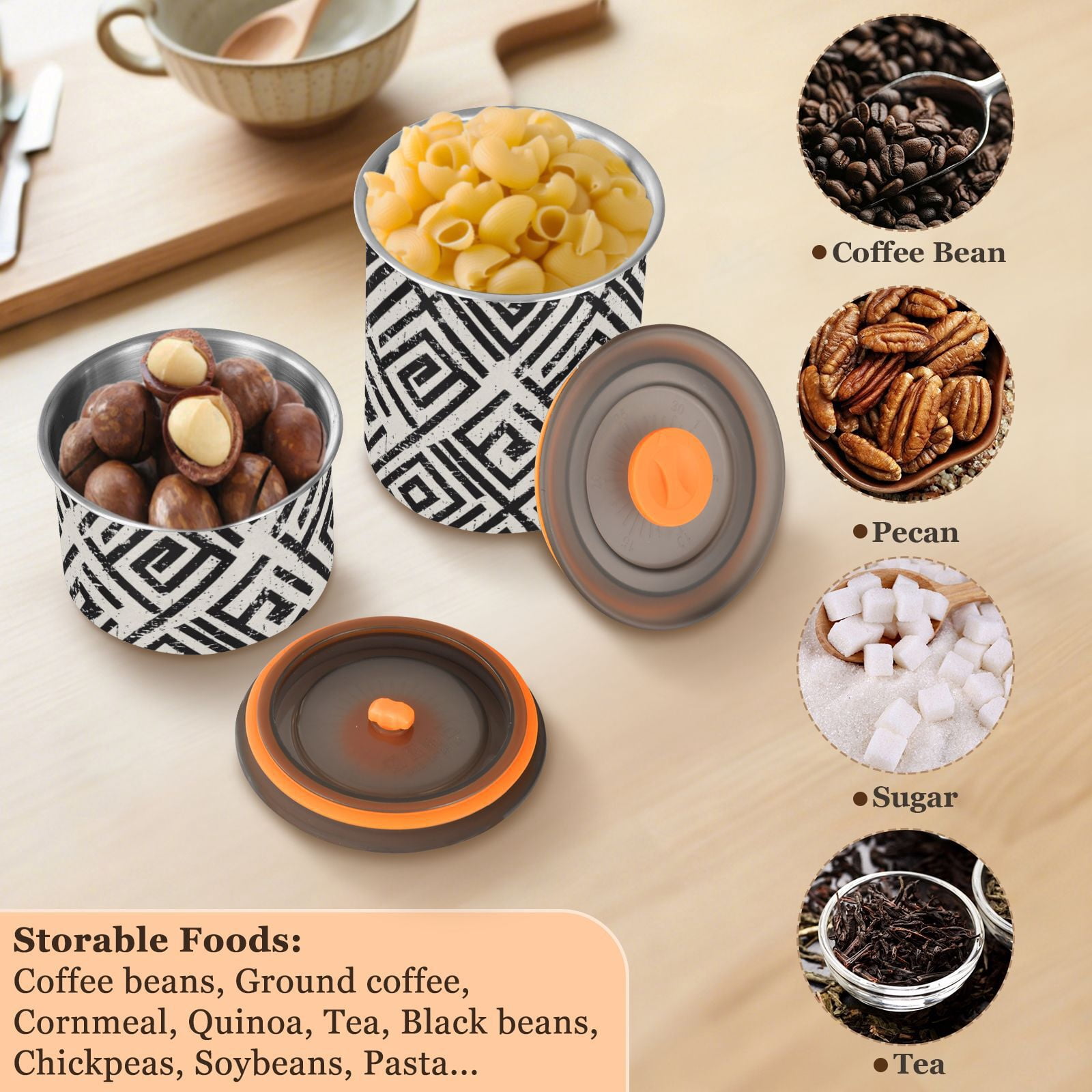Grunge Black Stripe Airtight Coffee Bean Canister 30oz Food Storage Containers with Lids For Gournd, Tea, Sugar, Flour, Rice, Cereal, Candy Cookie Jar