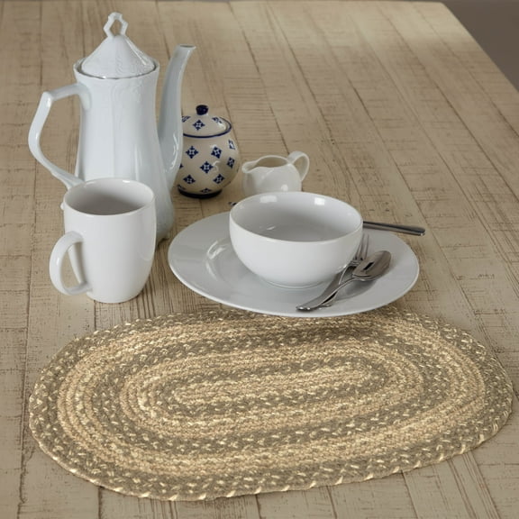 VHC Brands Farmhouse Cobblestone Table Placemat, Tan Grey White, Jute Blend, Oval, 12x18 Inches