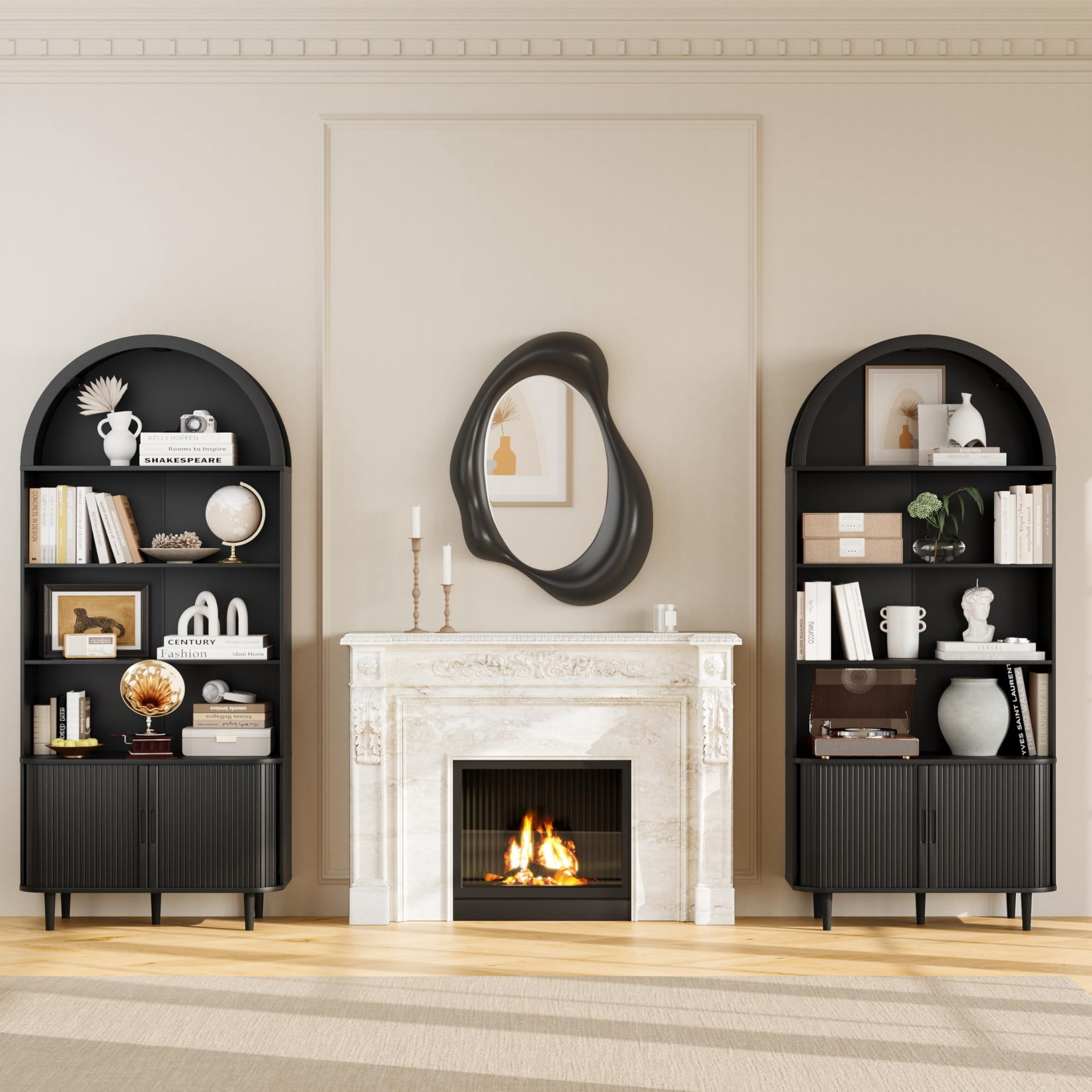 71" Tall Arched Bookshelf, 5 Tier Modern Farmhouse Bookcase with Sliding Doors & Adjustable Shelves, Wood Display Cabinet, Black