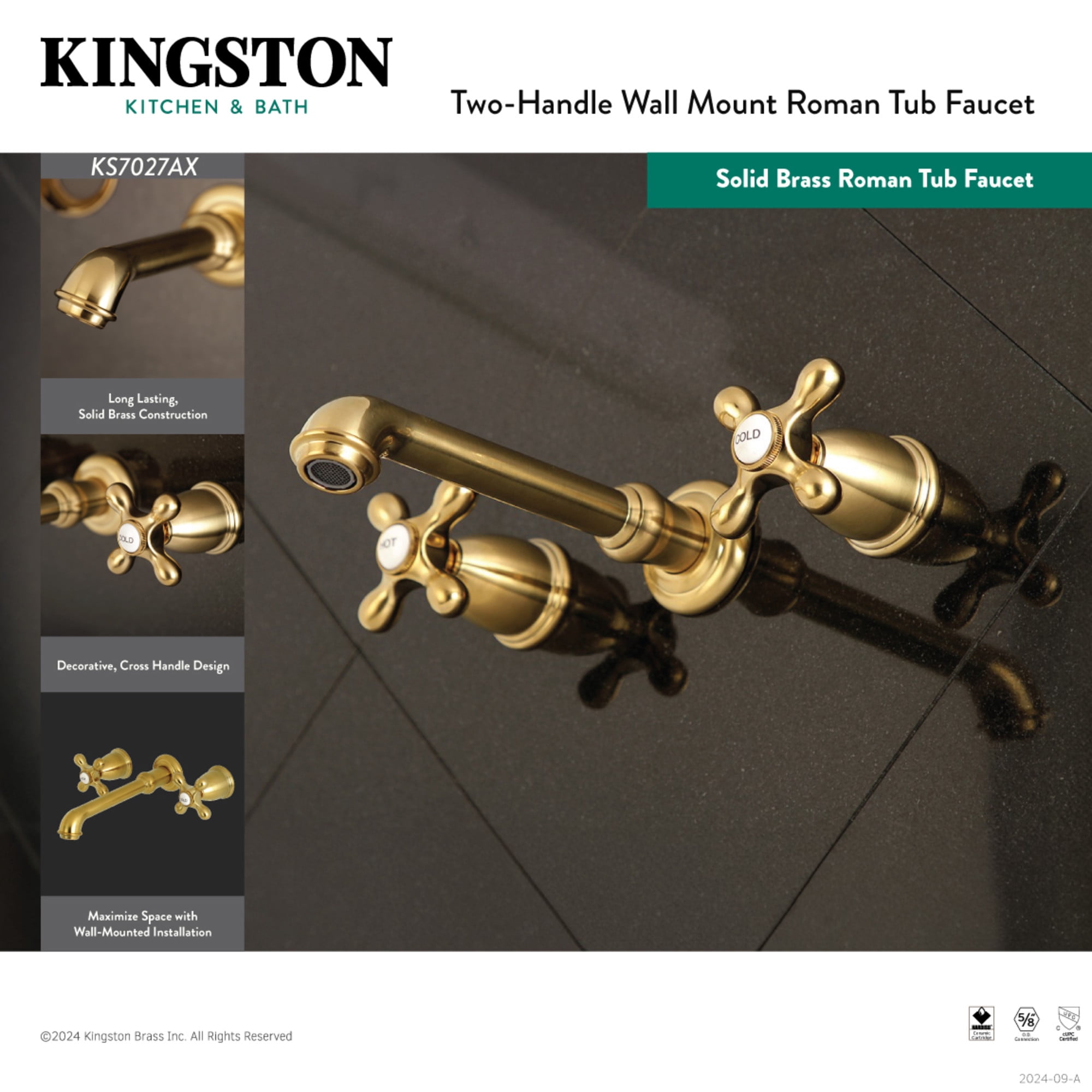 Kingston Brass KS7020AX English Country Two-Handle Wall Mount Roman Tub Faucet, Matte Black