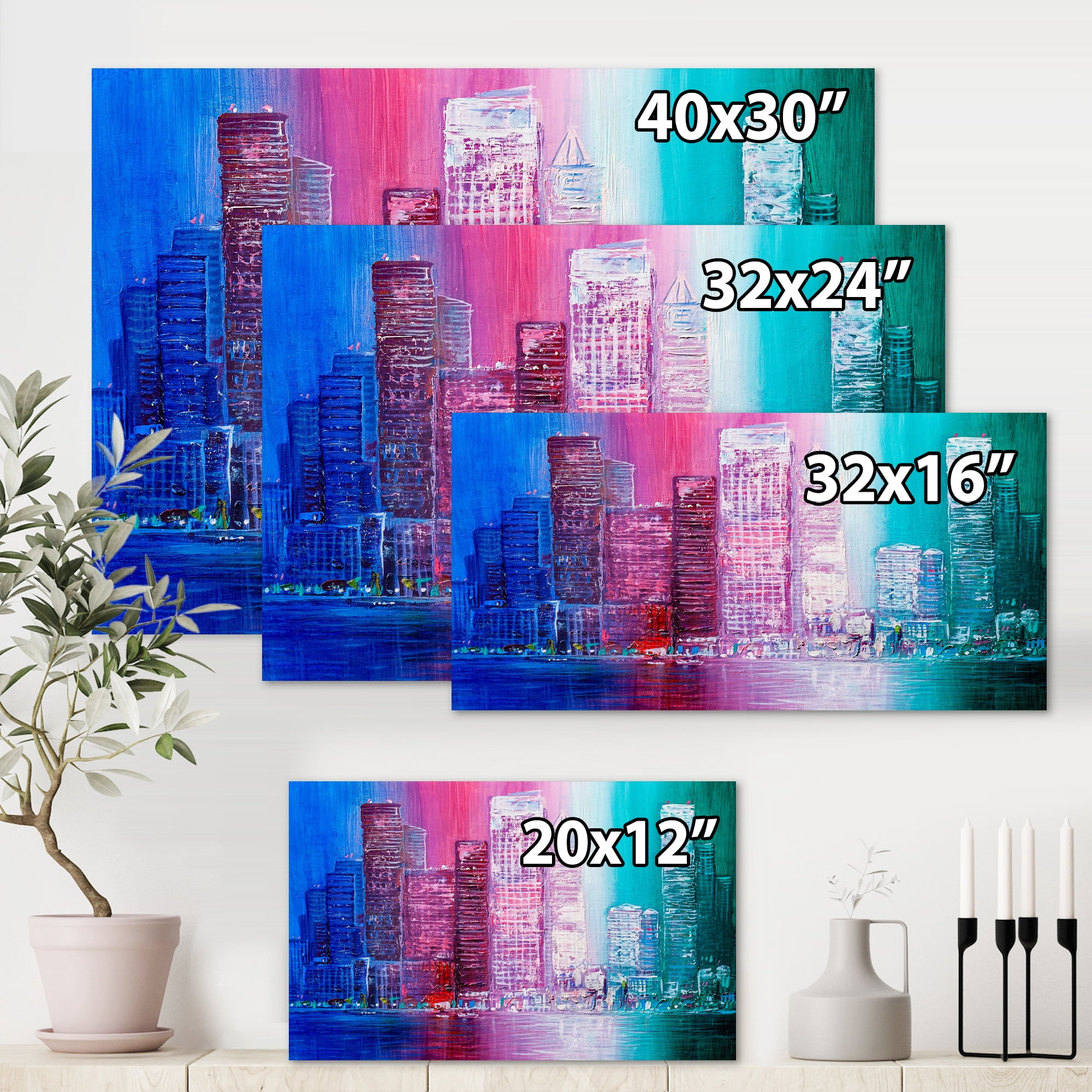 Designart ' Abstract Style Cityscape Panorama Skyscrapers II ' Modern Canvas Wall Art Print