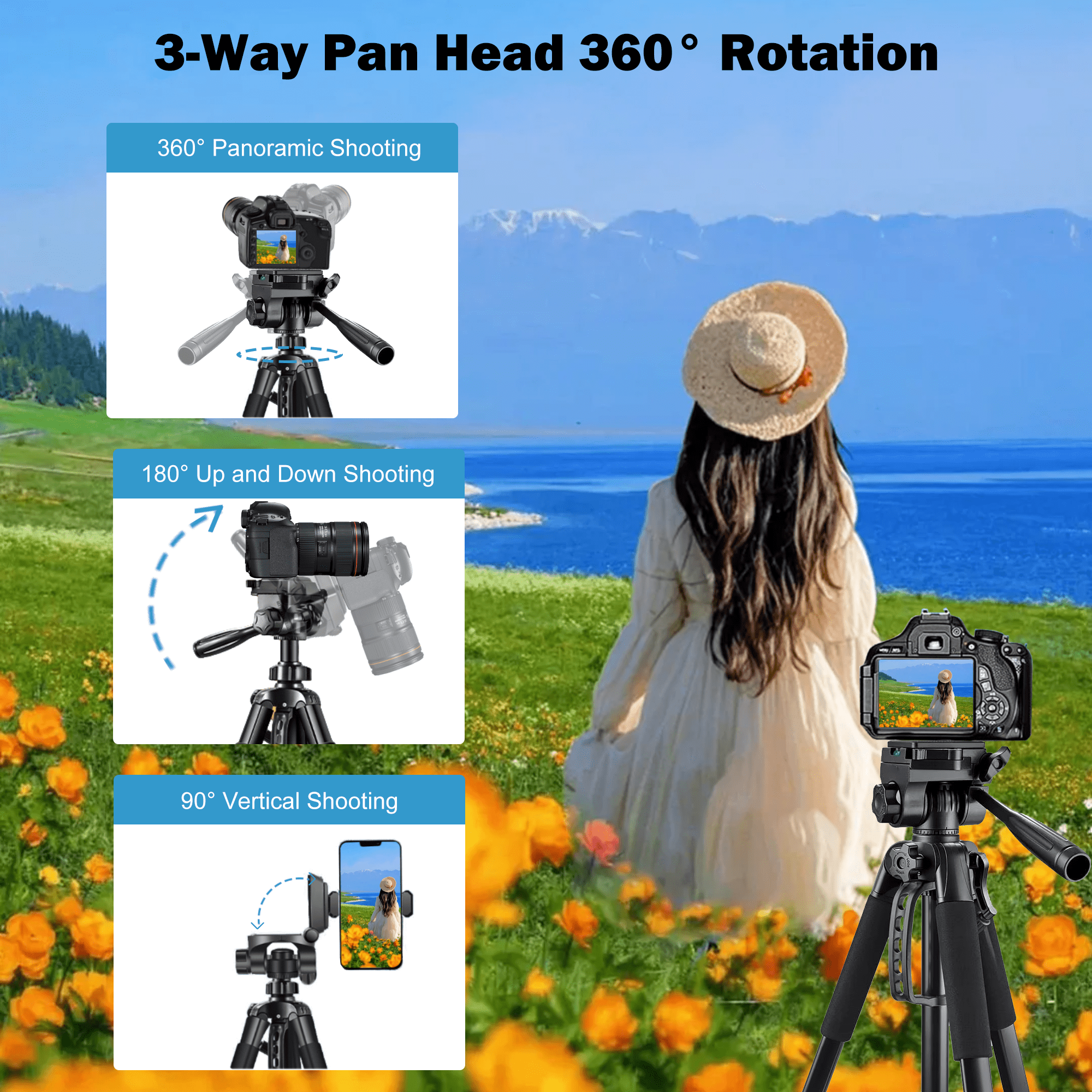 TIKBBRMG Camera Tripod, 67'' Tripod for Camera Phone Video Recording, Professional Tripod Stand with Carry Bag and Phone Holder * 3, Lightweight Travel DSLR Tripod for Smartphone Live Streaming Vlog