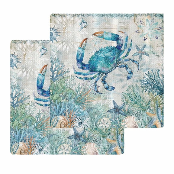 Teal Crabs Coastal Kitchen Dish Towels for Drying Dishes Set of 2, Summer Beach Coral Nautical Ocean Waffle Weave Microfiber Hand Tea Bathroom Towels Quick Dry & Absorbent Towel 12x12