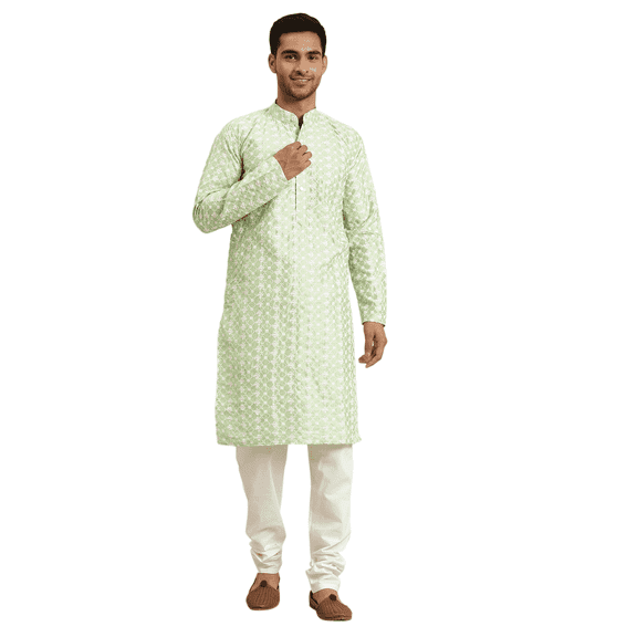 Sojanya (Since 1958) Men'S Silk Blend Sea Green Embroidered Kurta & White Churidar Pyjama Set,Size 36