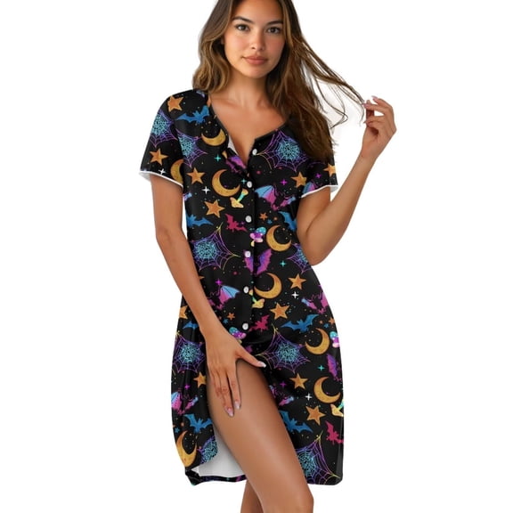 Yuyamidu Halloween Night Gown for Women Soft Comfy Nightshirts Button Up Pajamas Crew Neck Lounge Dress Soft Casual Nightdress