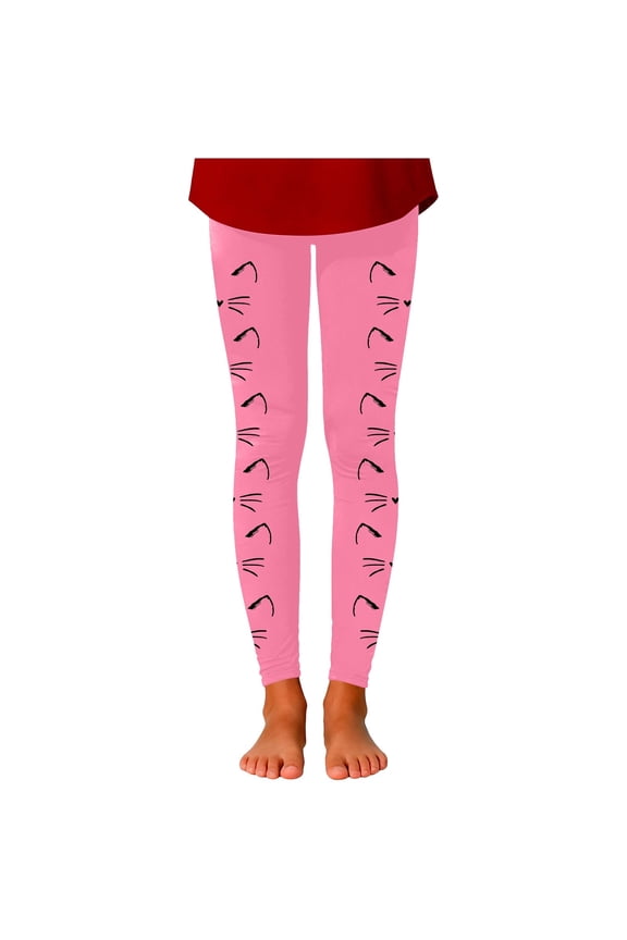 Big Kids Girls Leggings High Waist Cute Cat Printed Slim Fit Comfortable Stretch Pants Trousers For Daily Wear Pink 7-8 Years