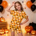 thumbnail image 2 of NIEWTR Kids Girls Short Sleeve Pajamas Set Halloween Pumpkin Ghost Print Collared Tops and Shorts Pjs Set Soft Comfortable Kids Halloween 2 Pieces Loungewear, 2 of 5