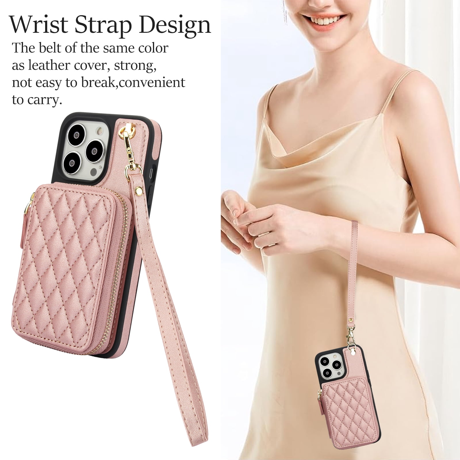 Compatible with iPhone 15 Pro Max 6.7 inch Wallet Phone Case Tempered Glass Screen Protector Wrist Crossbody Strap Stand Credit Card Holder RFID Slot Cell Cover for iP15ProMax Women Girls Rose Gold