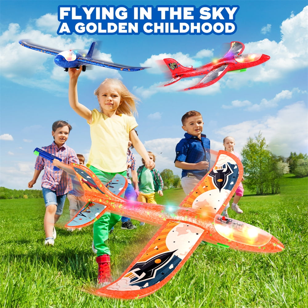 Allaugh 3 Pack Airplane Launcher Toy, 12.6" Foam Glider Led Plane, 2 Flight Mode Catapult Plane Boy Toys with 3 DIY Stickers, Outd