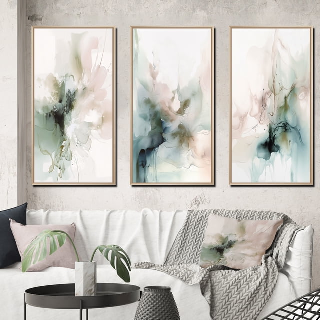 Designart "Modernity Essence Green and Cream III" Abstract Framed Wall Art Set Of 3 - Green Marble Frame Canvas Set For Living Room Decor