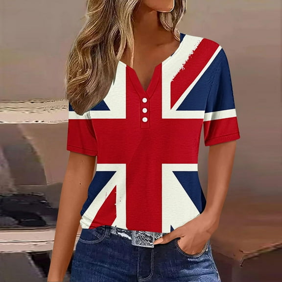 Cavosen Red White and Blue Clothes for Women Petite Independence Day Short Sleeve V Neck T Shirts American Flag Graphic Tops Lady XL 4th of July Casual T Shirts Red White and Blue Tunic Tees