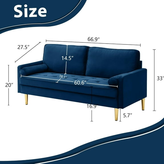 67" Modern Velvet Loveseat Sofa Couch, Mid-Century Tufted Upholstered Small Love Seat Sofa with 2 Pillows & 4 Golden Legs, Ideal for Compact Spaces, Apartments & Living Rooms (Navy)