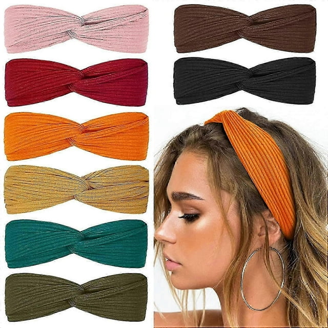 Boho Headbands for Women Soft Fabric Women\'s Headbands for Short Hair Twist Hair Bands Retro Hair Accessories, Solid Color, 8Pcs