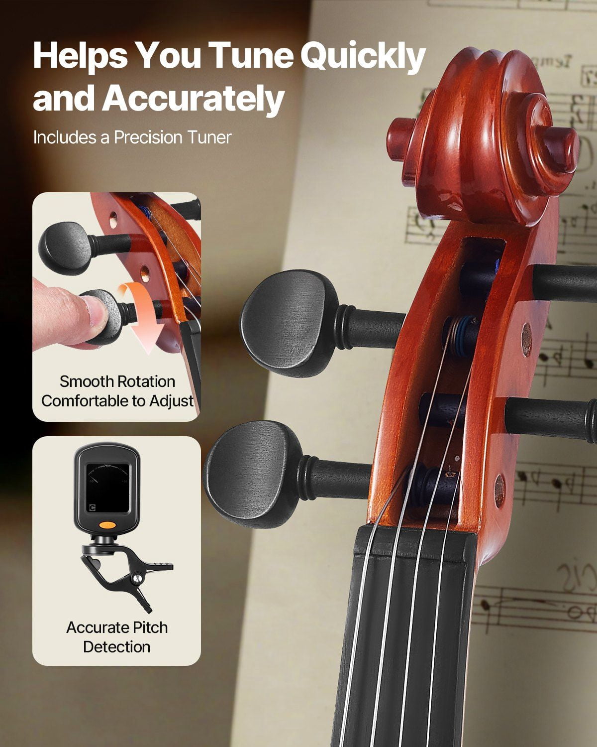4/4 Full Size Solid Wood Violin Fiddle Set for Beginners, Handcrafted Spruce Top Maple Back Glossy Brown Finish with Case, Bow, Tuner, Shoulder Rest, Rosin, Strings, and Polishing Cloth