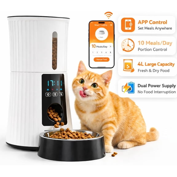 Automatic Cat Feeder Wi-Fi 4L Dry Food Dispenser with APP Control 10 Meals Voice Recorder Dual Power Supply White