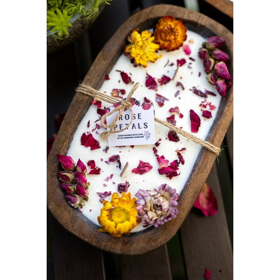 Dough Bowl Candle With Wood Wick and Soy Wax/With  Rose Petal / Rose Garden /Farmhouse Candle/3 Wood Wick Candle /Summer Scents