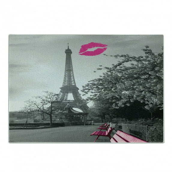 Paris Cutting Board, Romantic Monochrome Photo of Eiffel Tower Pink Benches and a Kiss Mark, Decorative Tempered Glass Cutting and Serving Board, Small Size, Black White Hot Pink, by Ambesonne