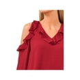 thumbnail image 3 of CECE Womens Red Ruffled Cold Shoulder Sheer Lined Long Sleeve V Neck Blouse XS, 3 of 4