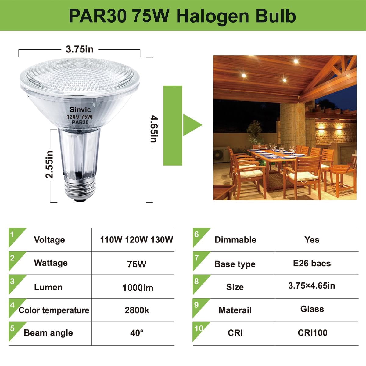 6PCS Sinvic Dimmable PAR30 Long Neck (PAR30L) Halogen Flood Bulbs Light, 75W 120V E26 Base Warm White for Recessed