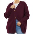 thumbnail image 2 of Suéteres de Rayas para Mujer, Suéteres de Botones Grandes, Cuello en V, Prendas de Punto Sueltas. Vino Tinto M, 2 of 7