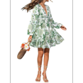 thumbnail image 3 of Robe d'Automne pour Femmes Col en V Manches Longues Taille Élastique Style Bohème Plage Resort Robe d'Été Mini Florale Verte TG, 3 of 10