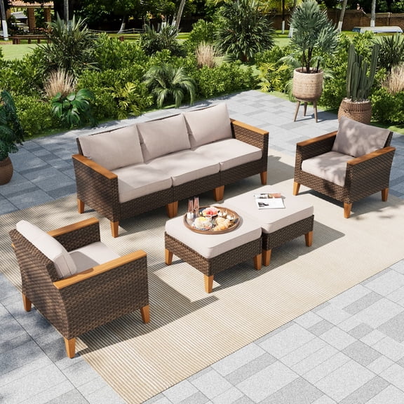 MF Studio 7 Piece Patio Conversation Set Outdoor Wicker Furniture Set Beige