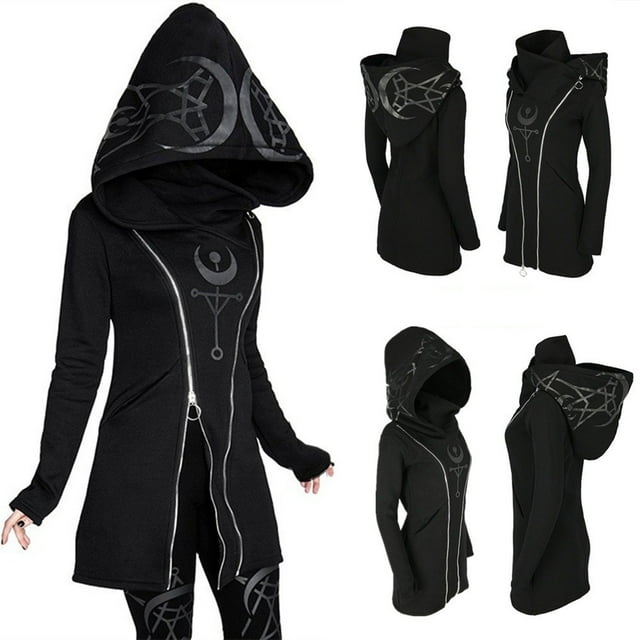 Mikilon Women Loose Gothic Punk Long Sleeve Hooded Black Cardigan Zipper Jacket Coat