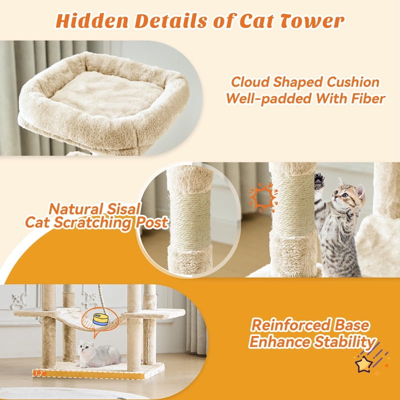 Kelno 66" Cat Tree Tower Durable Cat Climbing Tower with Sisal Scratching Posts Cozy Condo Hammock and Platforms, Beige