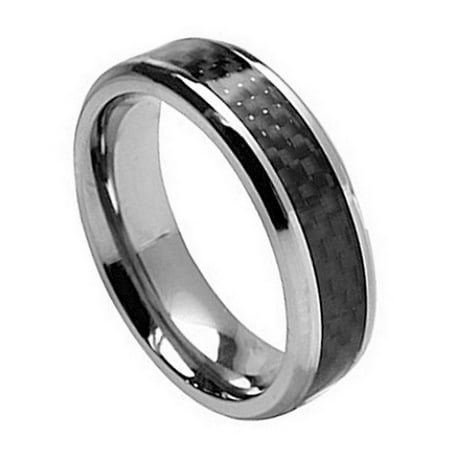 - 7mm Titanium with Black Carbon Fiber Inlay Wedding Band Ring For Men Or Ladies