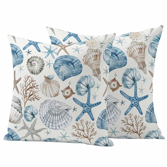 2 Pack Outdoor Waterproof Throw Pillow Covers,Marine Sea Shell Conch Starfish Coral Decorative Square Pillow Case Patio Pillowcases for Chair Couch Sofa 16x16in