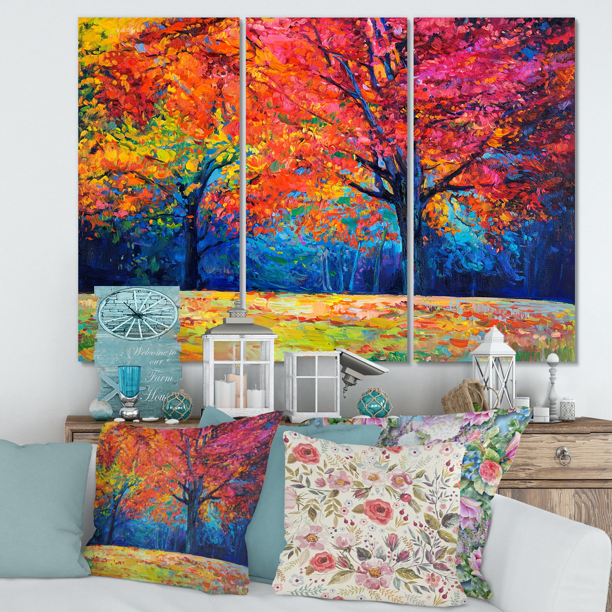 Designart ' Abstract Vibrant Red Tree In Autumn Landscape ' Traditional Canvas Wall Art Print