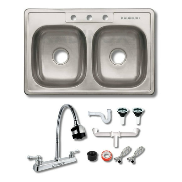 Fregadero Tarja Tina Doble Acero Inox 84x56 Con Kit Mez Flex